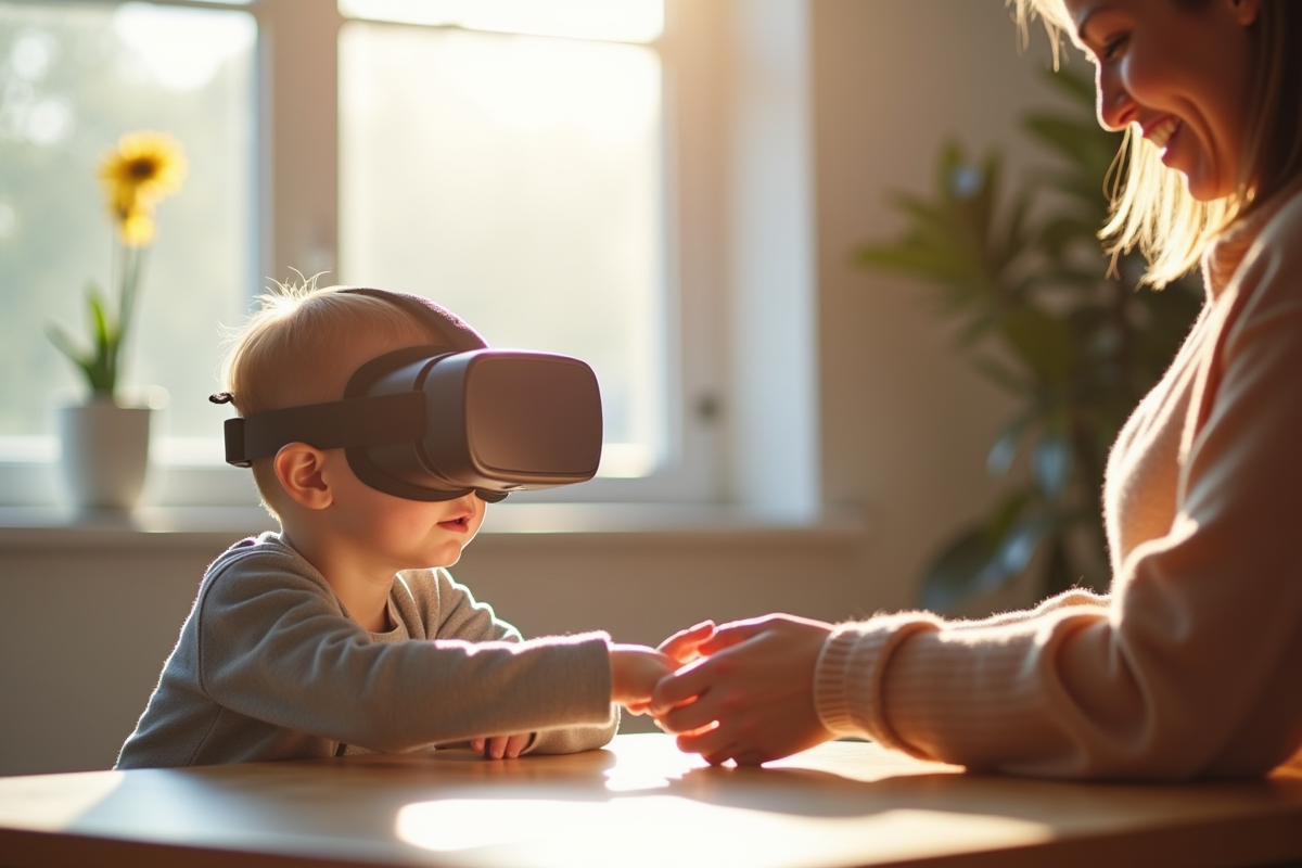 Jeune enfant retire un casque de réalité virtuelle dans un salon lumineux