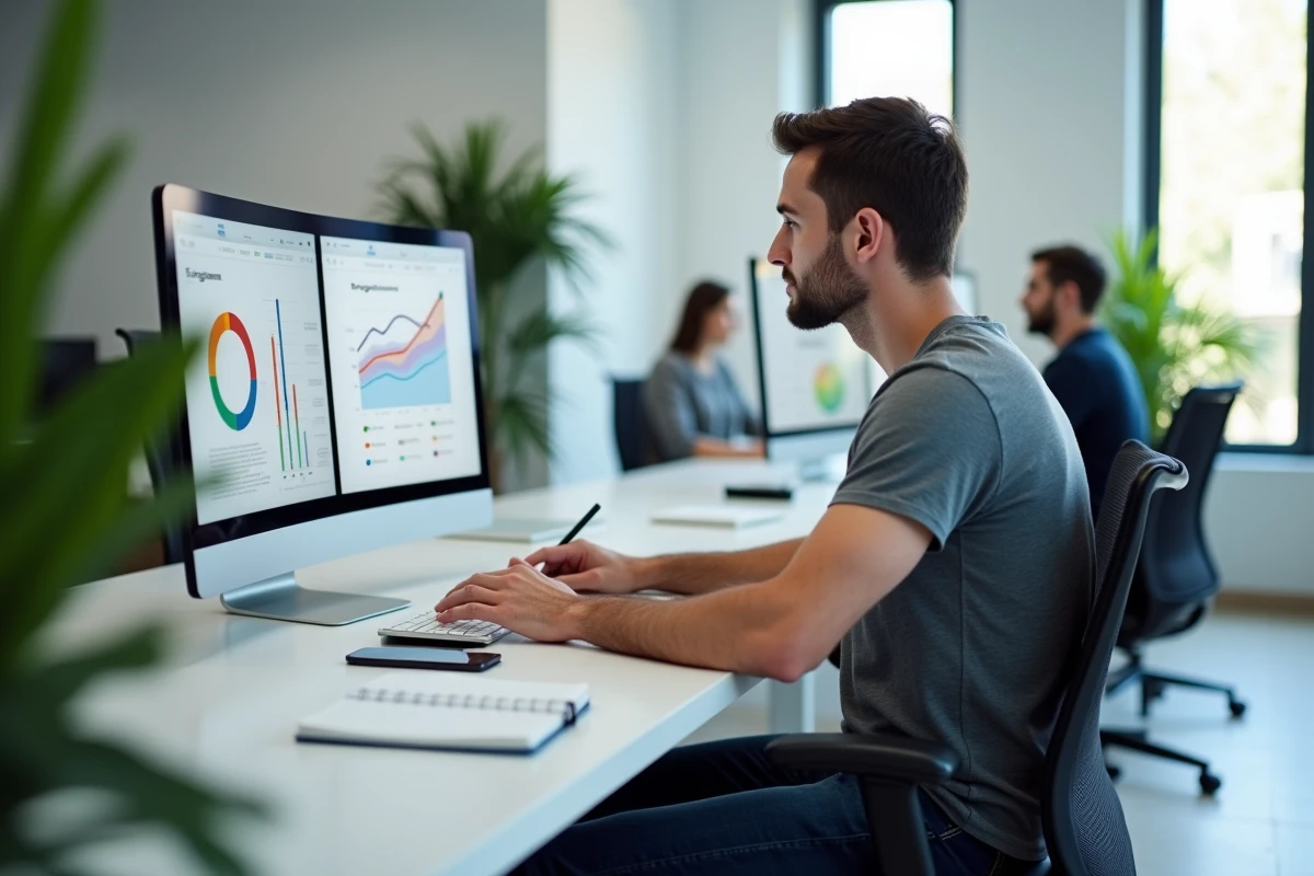 Entrepreneur masculin analysant ses stratégies de revenus numériques sur un double écran dans un espace de coworking moderne