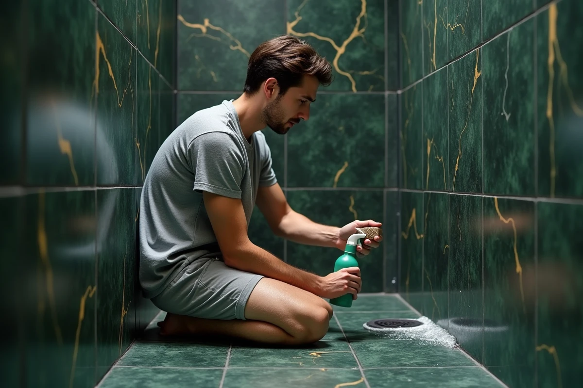 Personne entretenant un carrelage en marbre vert dans une salle de bain avec brosse et produit nettoyant