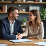 Deux professionnels en réunion se serrant la main dans un bureau moderne