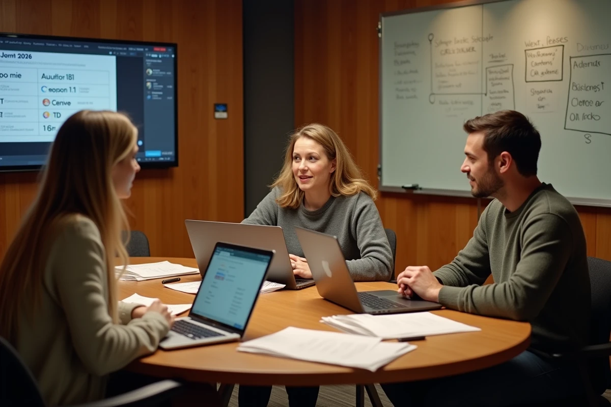 Équipe éditoriale en réunion de planification autour d'un calendrier de sorties Netflix pour la stratégie de contenu 2026