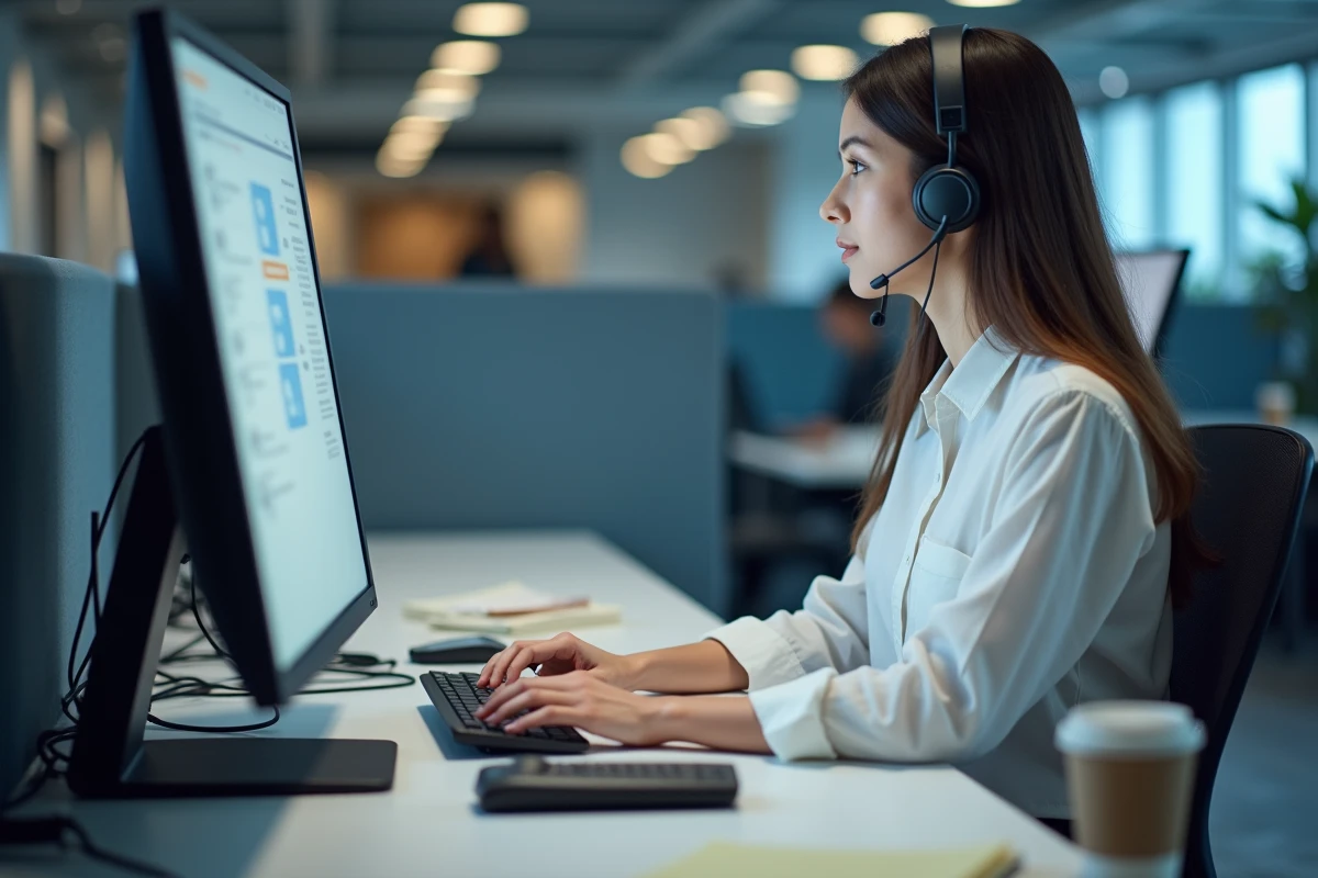 Agente du service support travaillant dans un centre d'assistance clientèle avec casque et double écran