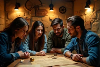 Groupe de joueurs en train de résoudre des énigmes dans un escape game immersif dans le Var