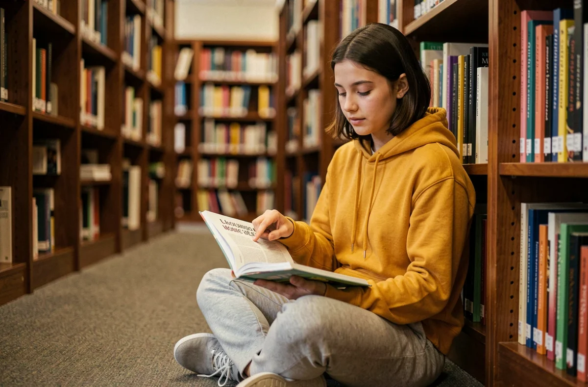 Étudiante assise par terre dans une bibliothèque universitaire lisant un manuel de grammaire française, illustrant l'apprentissage de l'orthographe