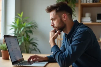 Homme évaluant un outil en ligne sur son ordinateur portable dans un bureau moderne, illustrant une analyse de fiabilité d'un service numérique