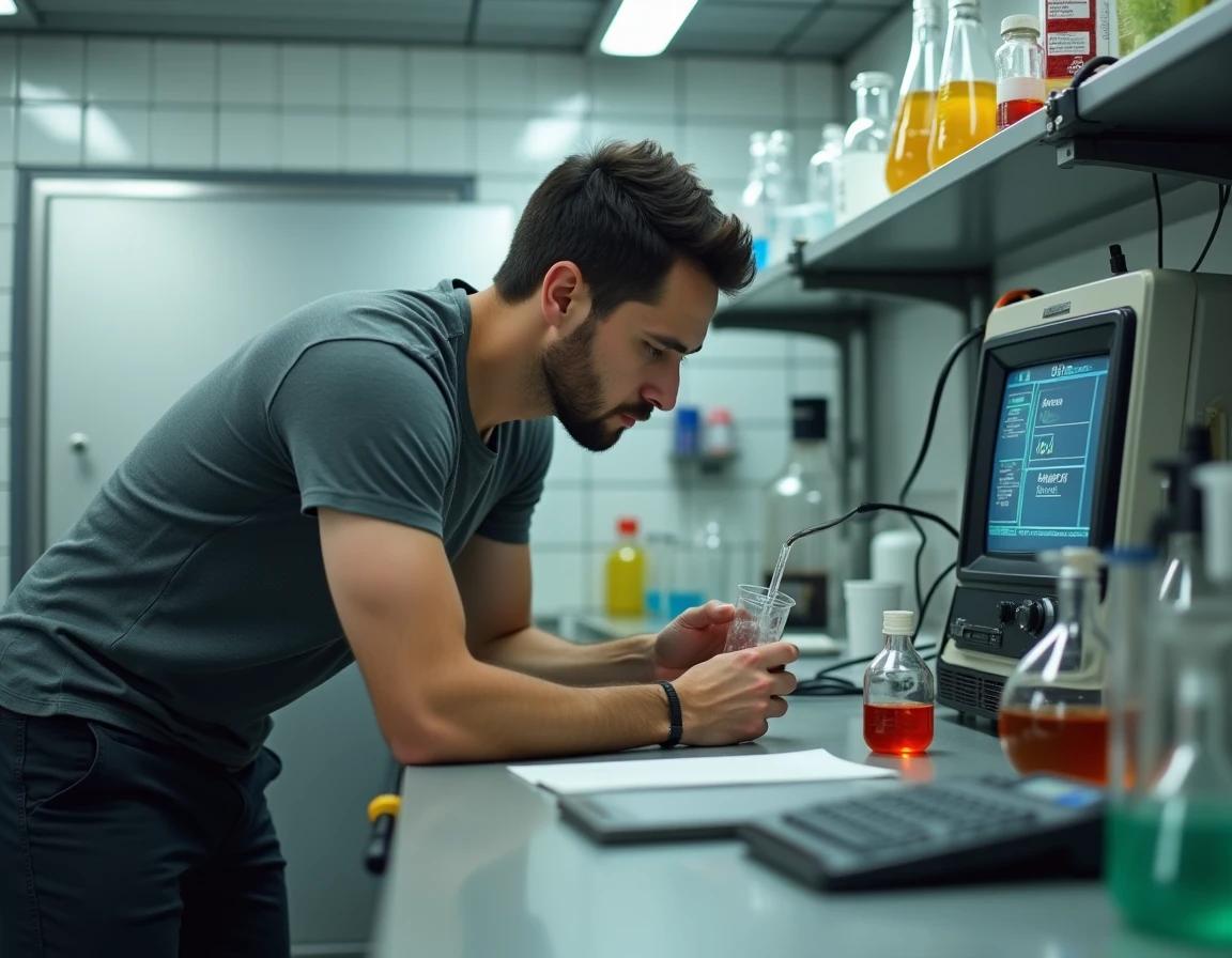 Joueur en train d'analyser des indices scientifiques dans le décor de laboratoire d'Ex Machina à La Garde