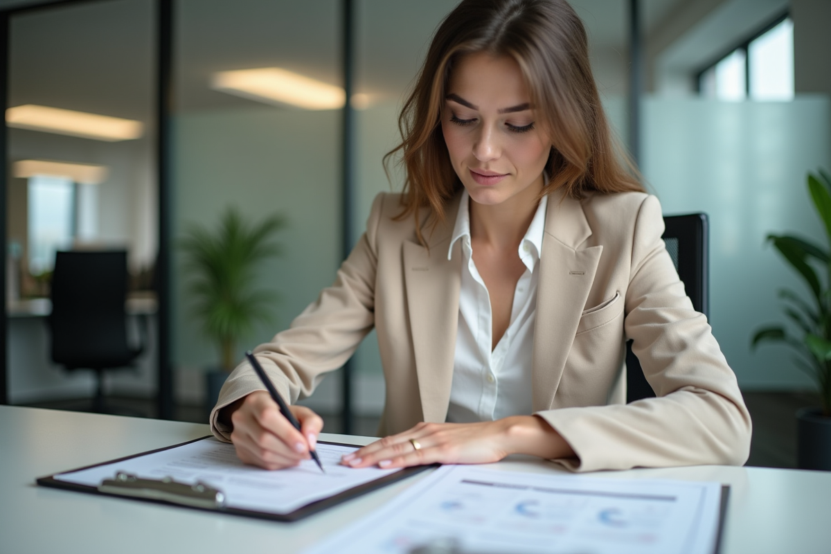 Experte immobilière examinant des documents dans un bureau professionnel