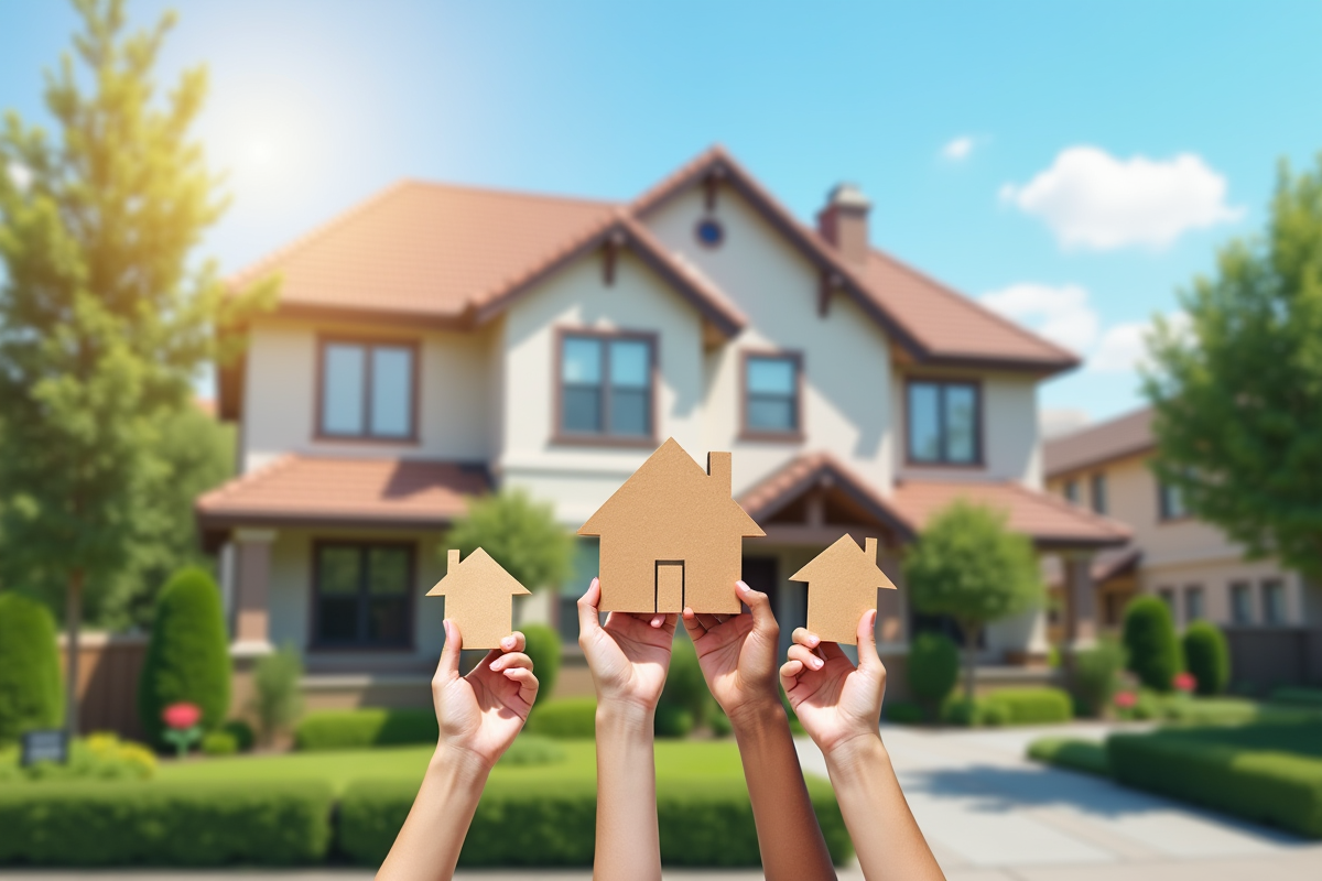 Façade d un immeuble résidentiel avec paysage verdoyant et mains tenant maisons
