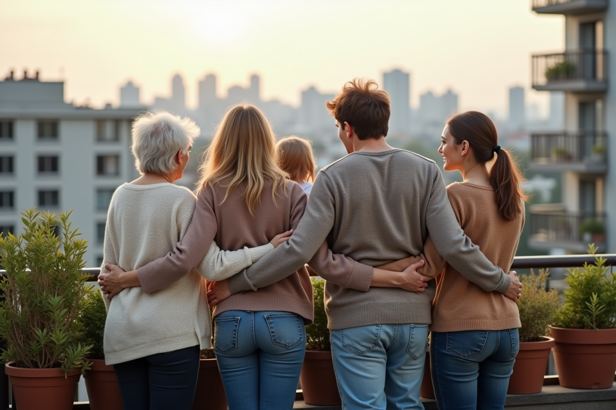 Famille multigeneration sur le balcon en ville