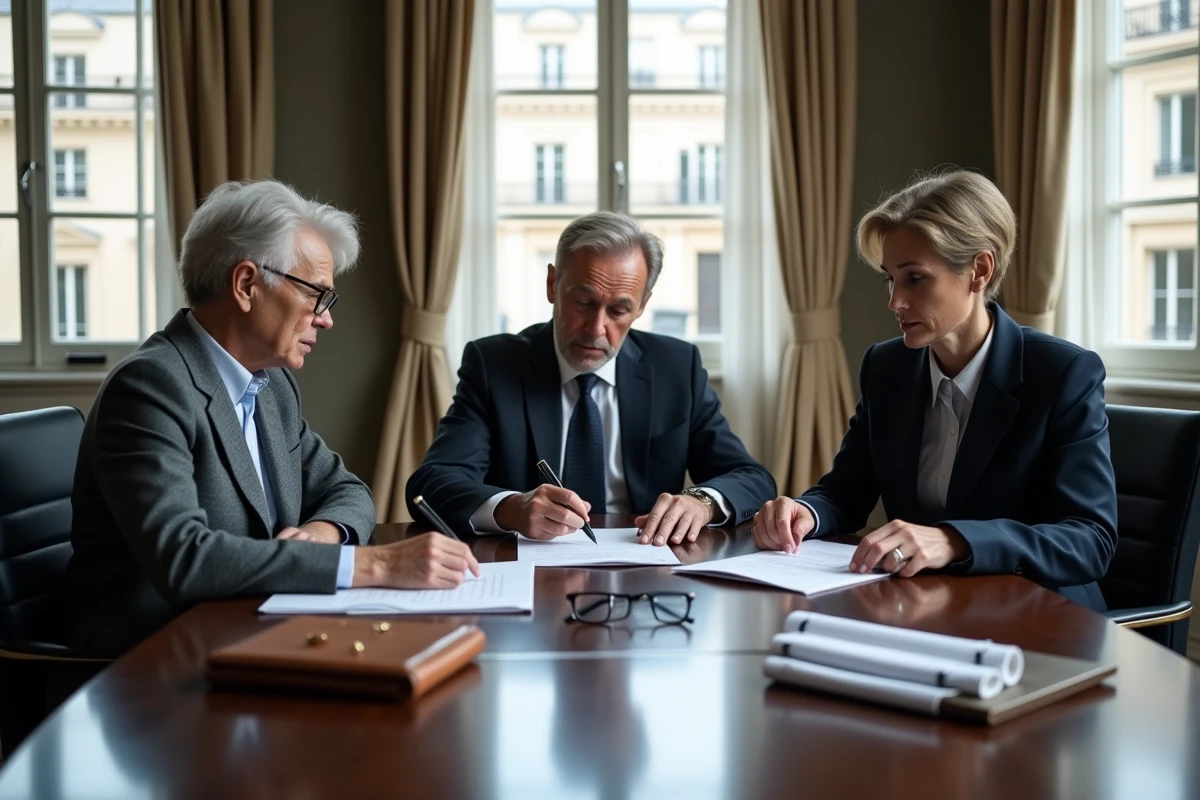 Famille française adulte réunie autour d'une table dans un cabinet juridique parisien pour examiner des documents de succession