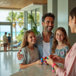 Famille accueillante à la réception d'un hôtel en bord de mer