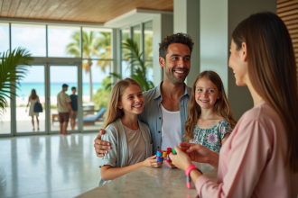 Famille accueillante à la réception d'un hôtel en bord de mer