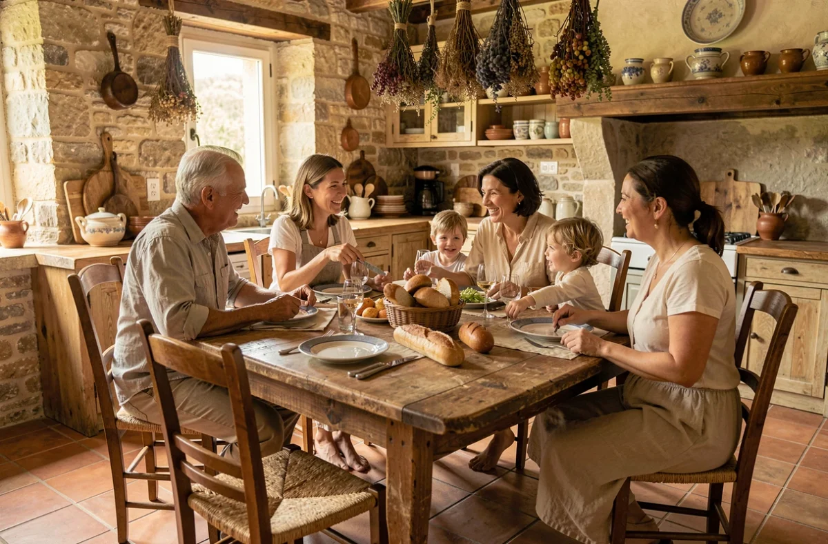 Famille réunie autour d'une table en bois rustique pour un déjeuner dominical dans une cuisine provençale