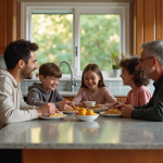 Famille recomposée partageant un petit déjeuner convivial