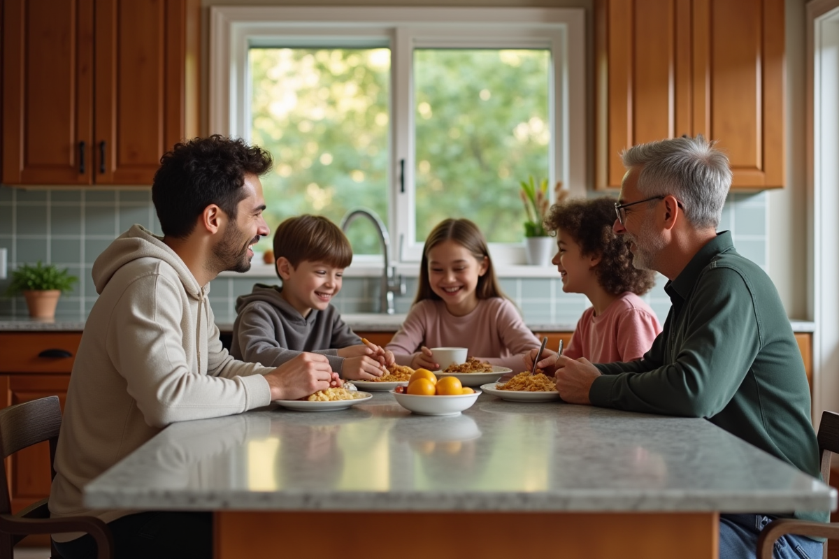 Famille recomposée partageant un petit déjeuner convivial