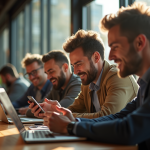 Fans de football dans un café moderne vérifiant les actualités sportives