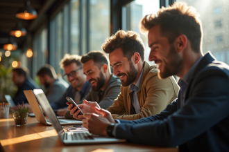 Fans de football dans un café moderne vérifiant les actualités sportives