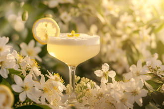 Liqueur Saint-Germain servie dans un verre élégant avec des fleurs de sureau