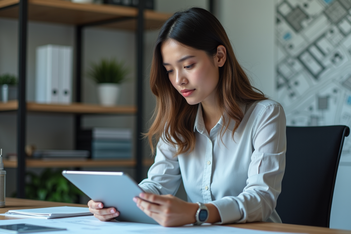Jeune femme étudiant un diagramme de zonage sur tablette en bureau