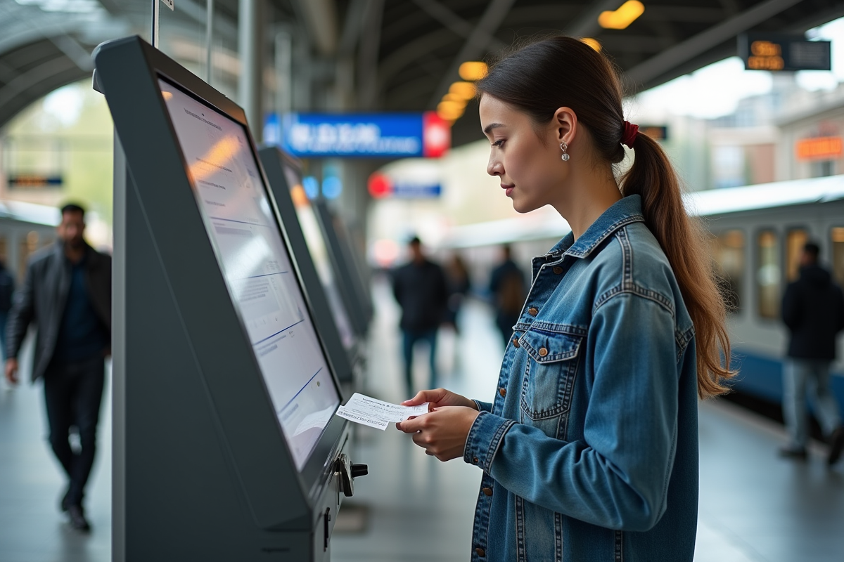 Jeune femme payant un ticket dans une gare française animée