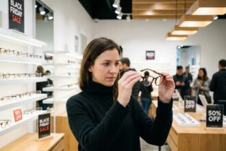 Femme examinant des montures de lunettes de créateurs dans une boutique d'optique lors du Black Friday 2026