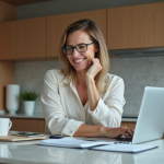 Femme d'âge moyen travaillant à la maison avec un ordinateur portable