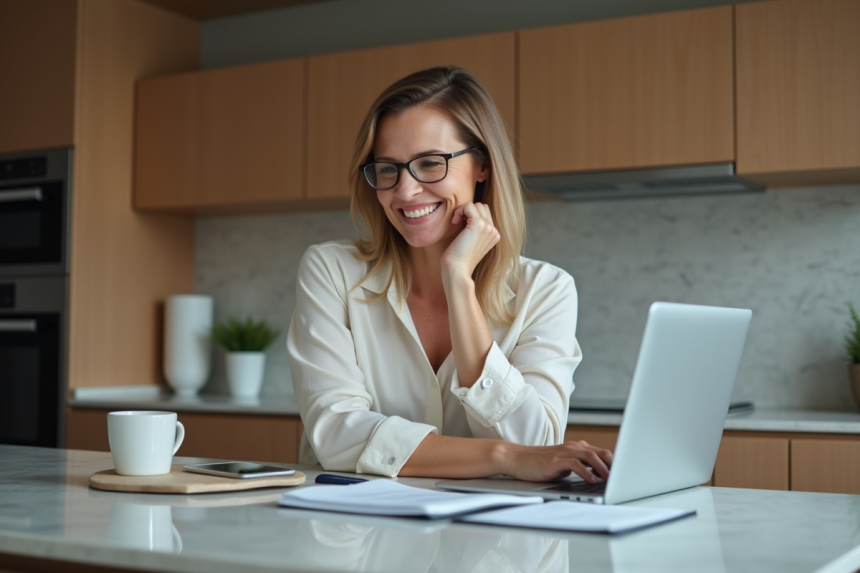 Femme d'âge moyen travaillant à la maison avec un ordinateur portable