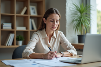 Femme d'âge moyen au bureau à domicile remplissant des formulaires