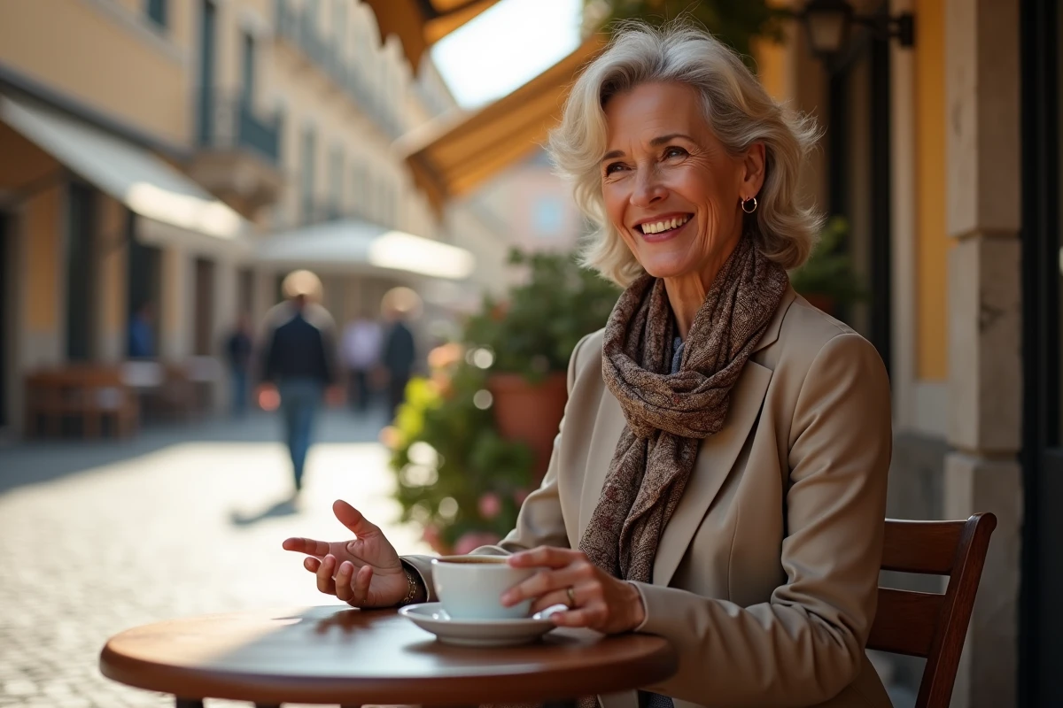Chanteuse italienne assise dans un café en plein air