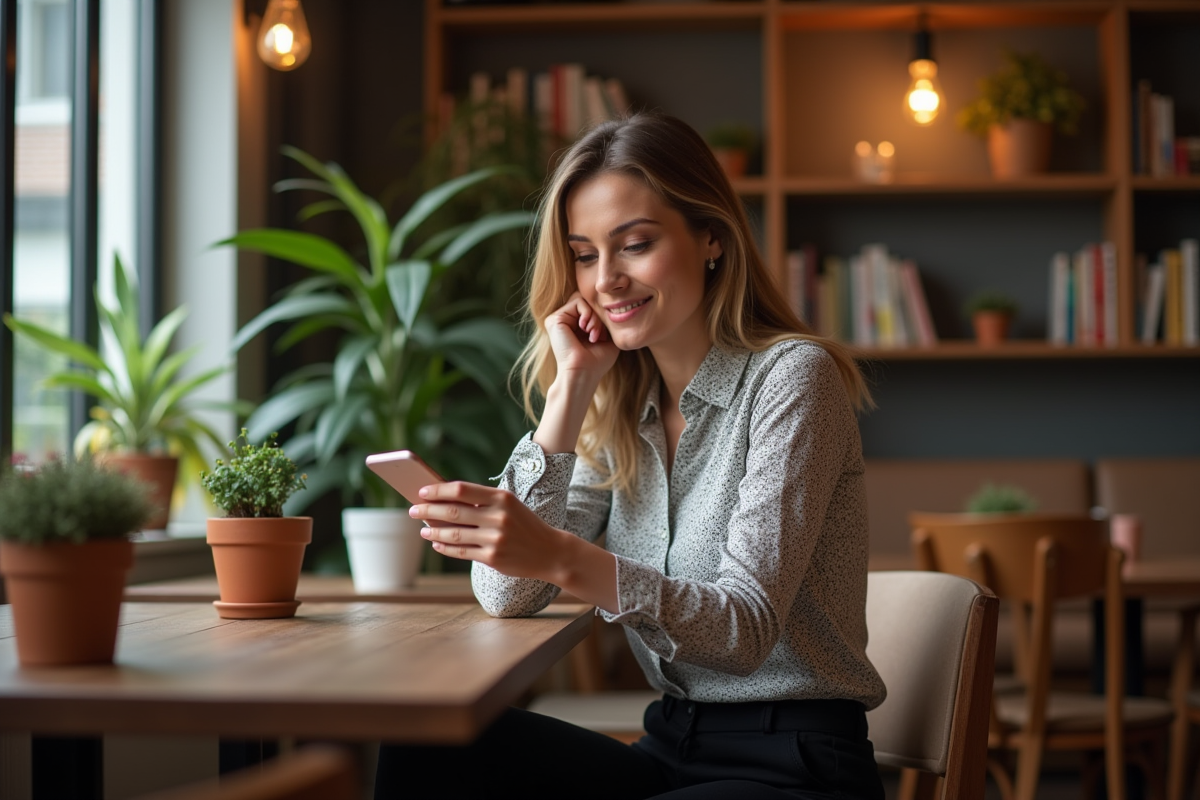 Femme assise au café en train de consulter ses conseils mode