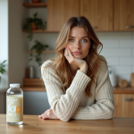 Femme pensant dans une cuisine lumineuse et moderne
