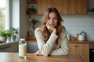 Femme pensant dans une cuisine lumineuse et moderne