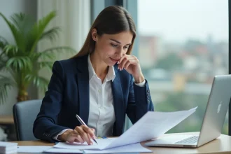 Femme professionnelle examinant des documents de prêt immobilier
