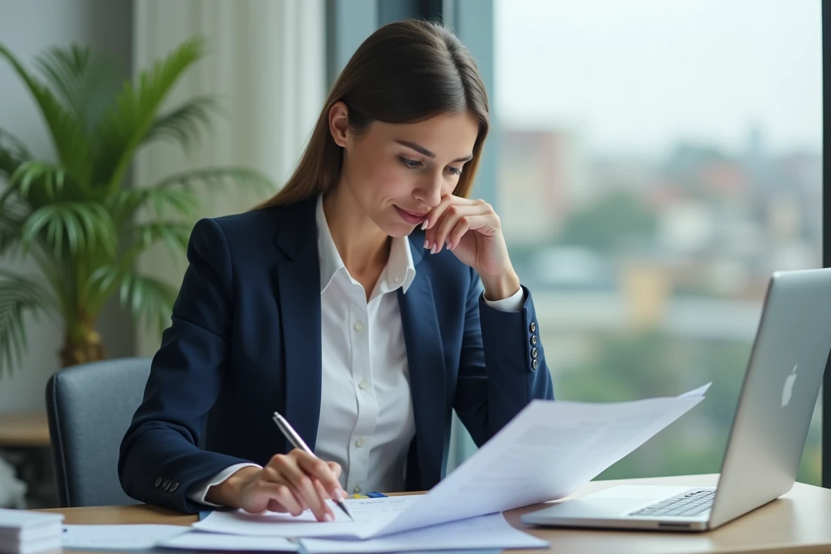 Femme professionnelle examinant des documents de prêt immobilier
