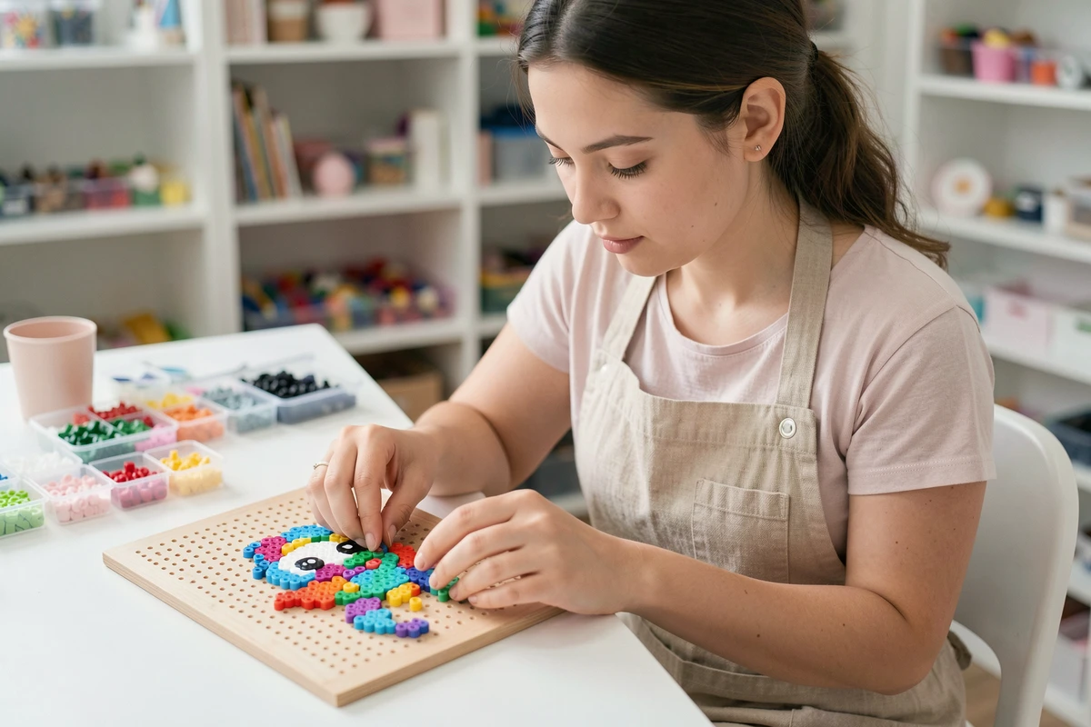 Femme réalisant un modèle perles à repasser Stitch sur plaque carrée dans un atelier créatif