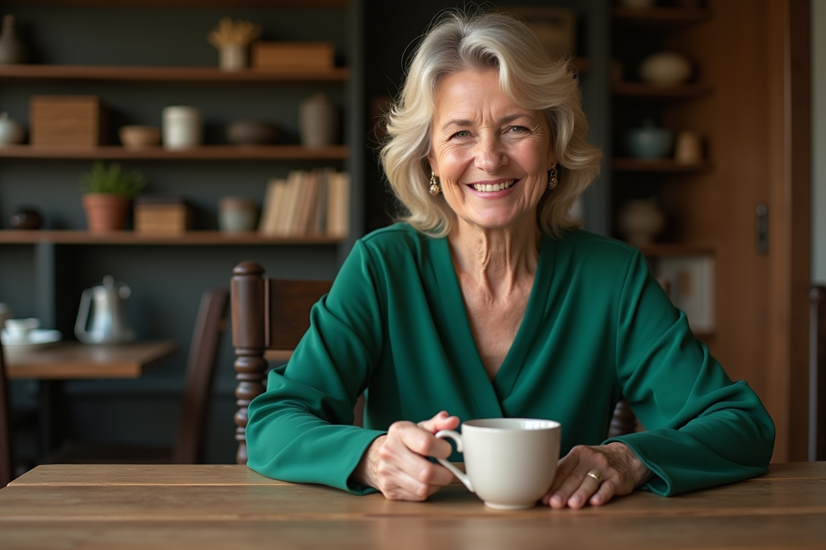 Femme souriante en robe verte à la maison