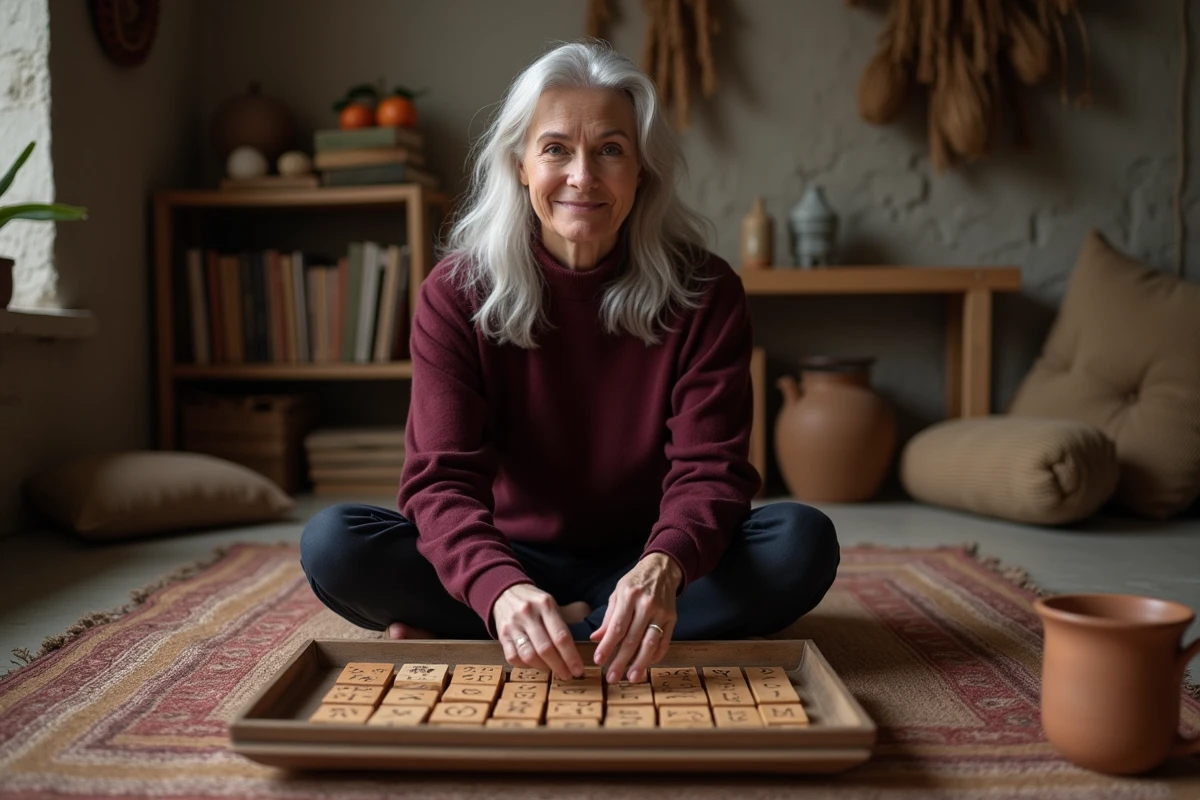 Femme disposant des runes en bois sculptées sur une table basse dans un intérieur chaleureux et authentique