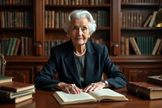 Femme âgée élégante assise à un bureau en acajou dans une bibliothèque parisienne classique entourée de livres et documents officiels