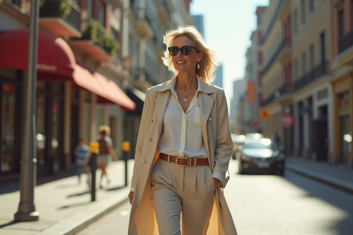 Femme élégante de 50 ans marchant dans la ville ensoleillée