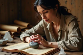 Femme étudiant une pierre gravée d'une rune ancienne sur un bureau en bois avec des manuscrits et cristaux