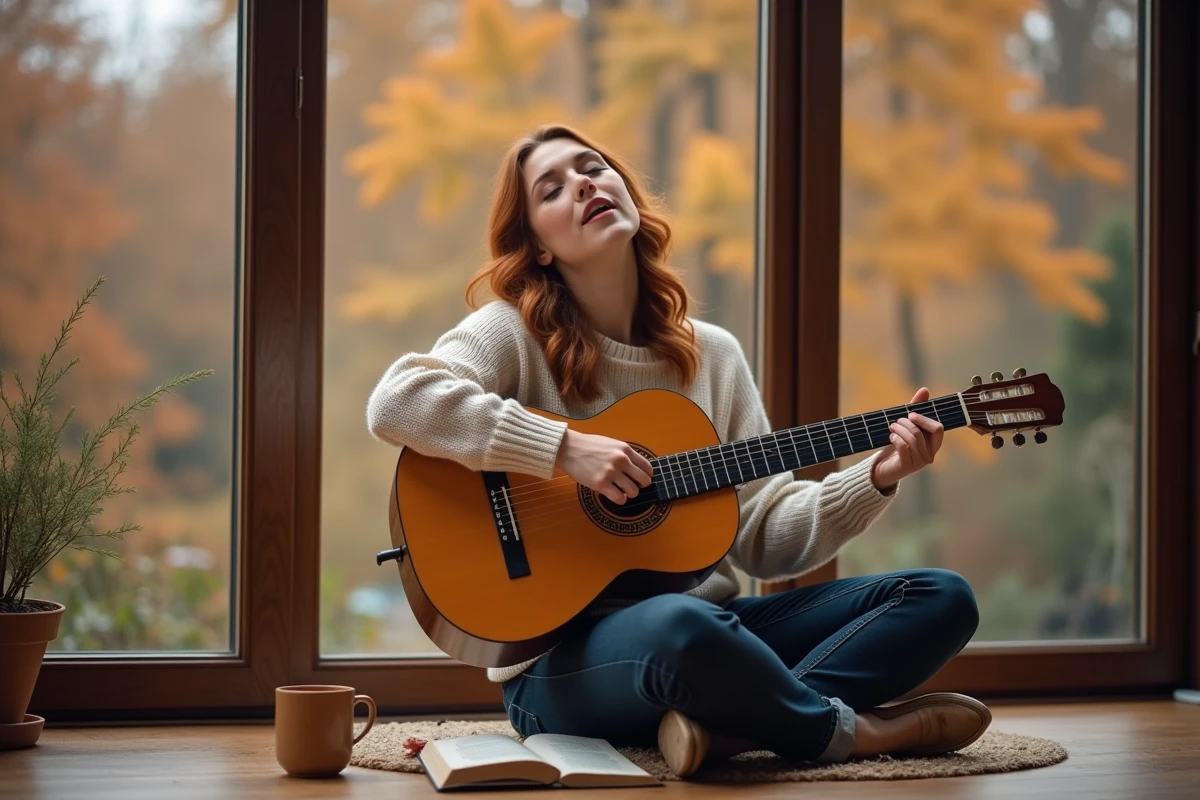 Jeune femme chantant et jouant Mistral Gagnant à la guitare classique près d'une fenêtre en automne