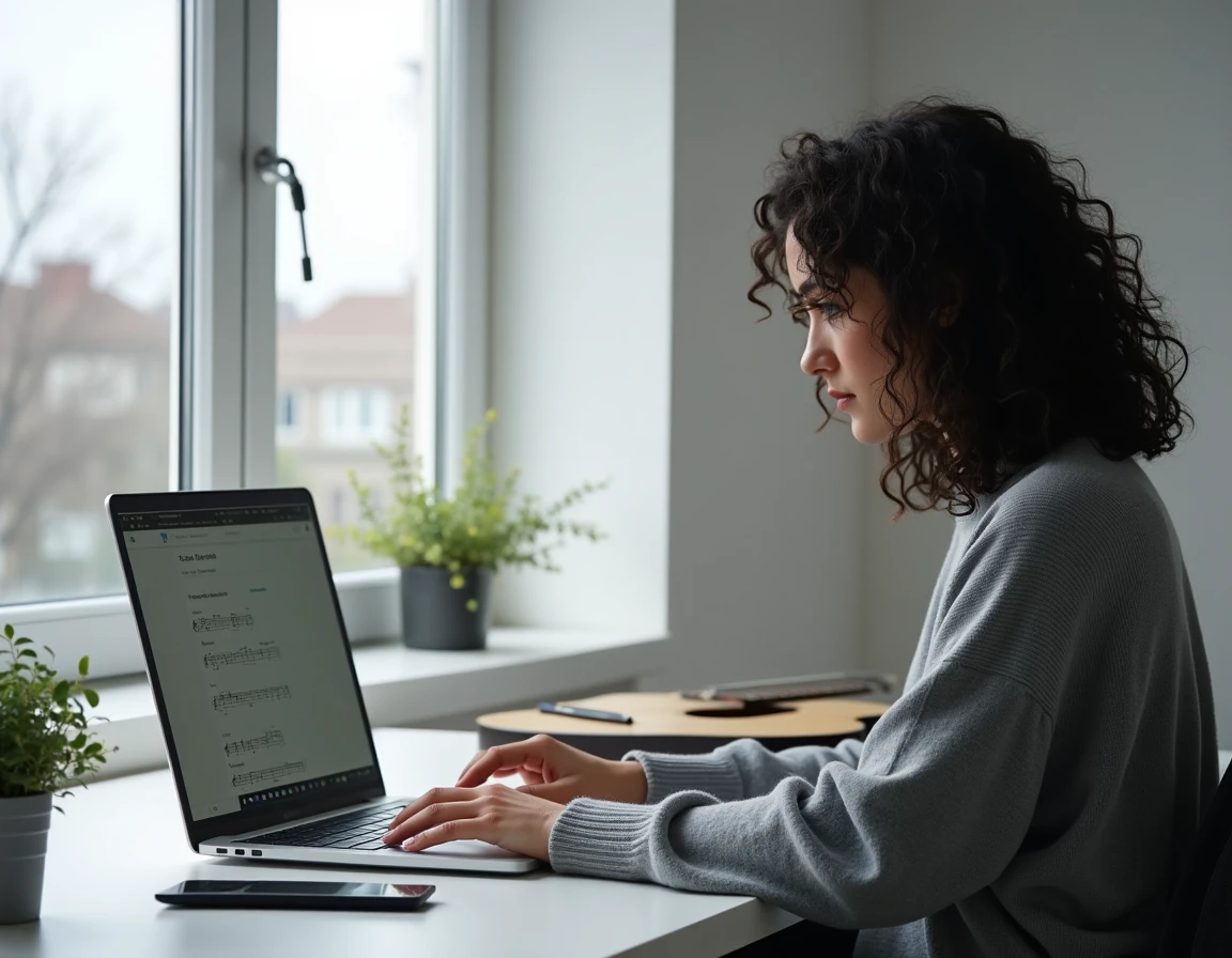 Femme guitariste cherchant des partitions gratuites pour guitare sur un site internet depuis son bureau à domicile