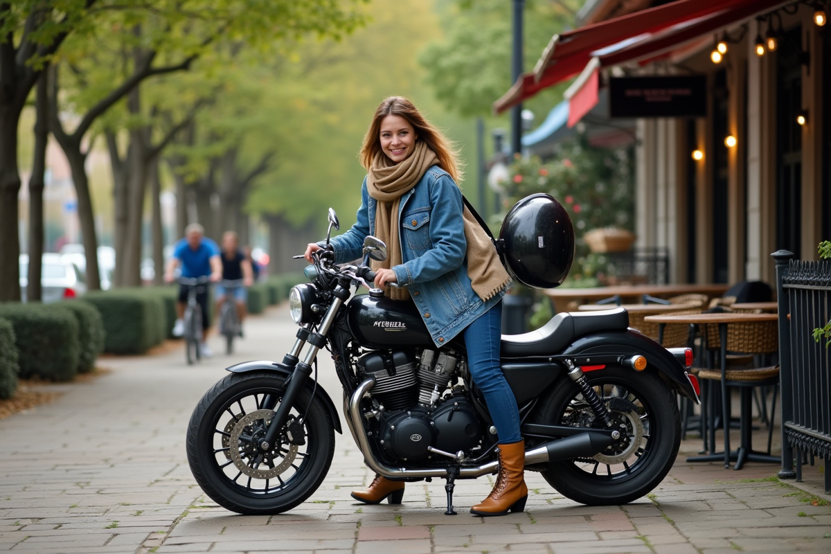 Femme en jean retirant son casque à côté d une moto Avengers au café