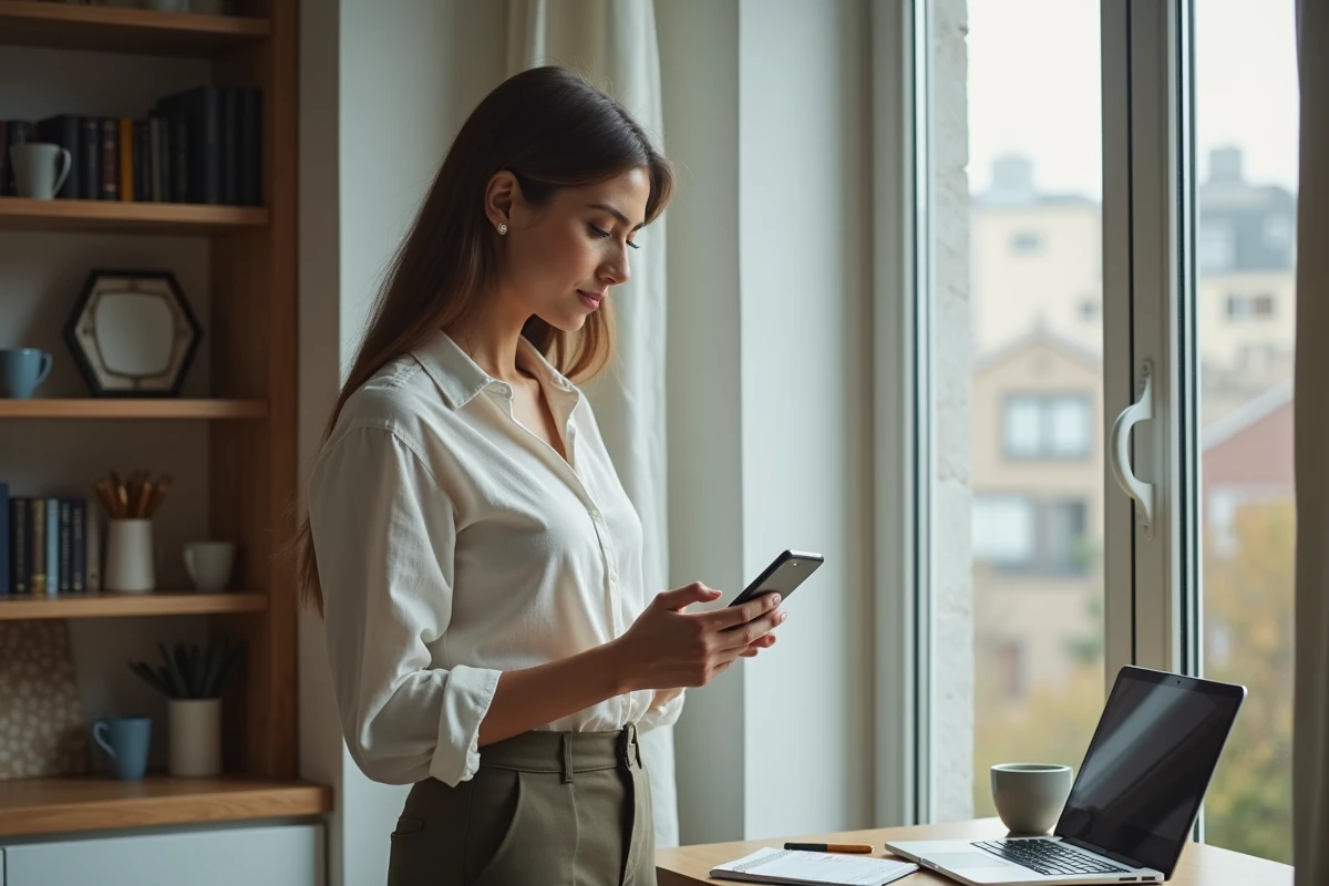 Femme indépendante consultant son smartphone pour gérer sa stratégie de monétisation en ligne depuis son appartement moderne