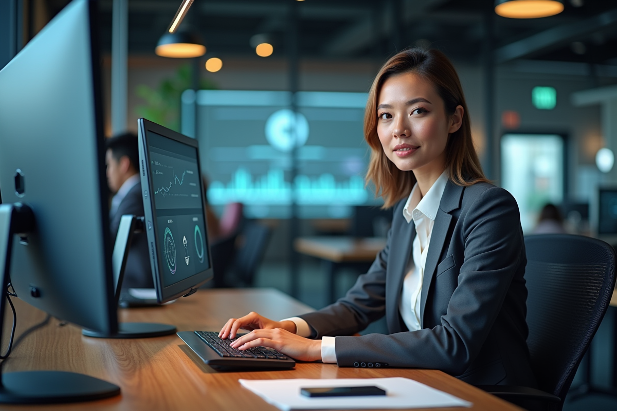 Femme gestionnaire IT concentrée à son poste de travail