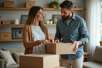 Femme d'âge moyen et jeune homme discutent dans un salon organisé