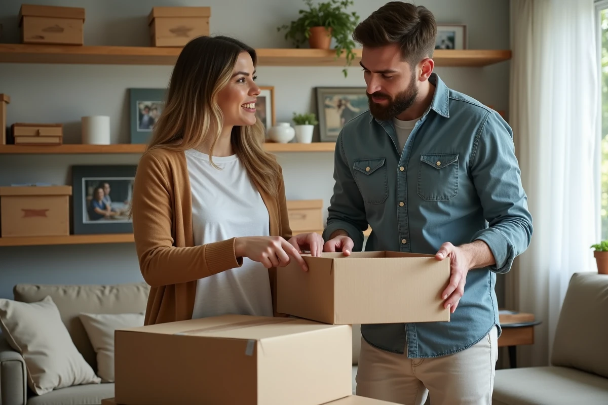 Femme d'âge moyen et jeune homme discutent dans un salon organisé