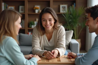 Femme souriante expliquant un jeu de société dans un salon chaleureux