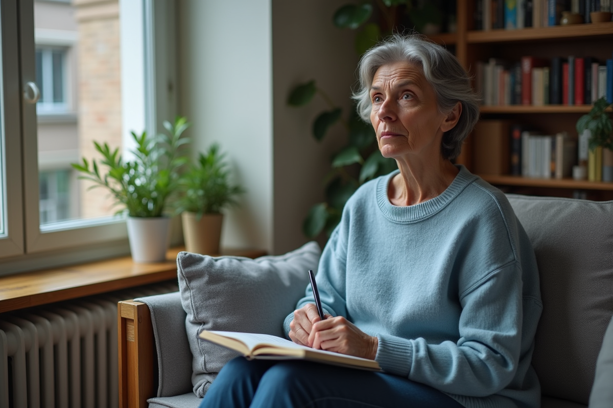 Femme d'âge moyen journalisant dans un salon cosy