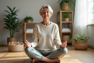 Femme méditant en intérieur dans un salon minimaliste